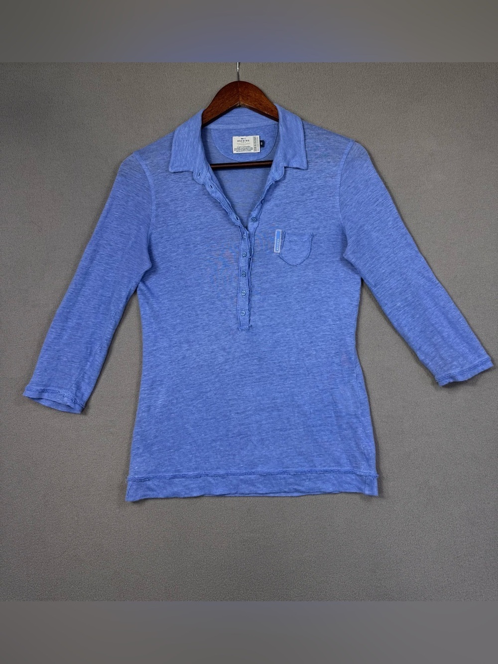 Escales Paris 100% Linen Light Blue Women’s Henley Top, Soft Linen, Small